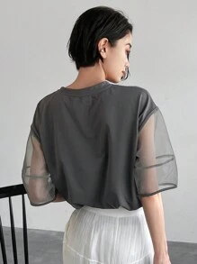 FRIFUL Designer Summer Casual Mesh Contrast Round Neck Short Sleeve T-Shirt Sheer