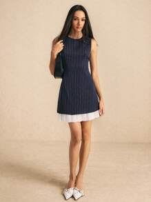 Poéselle Women's Navy Striped Contrast Hem Dress Work Dress