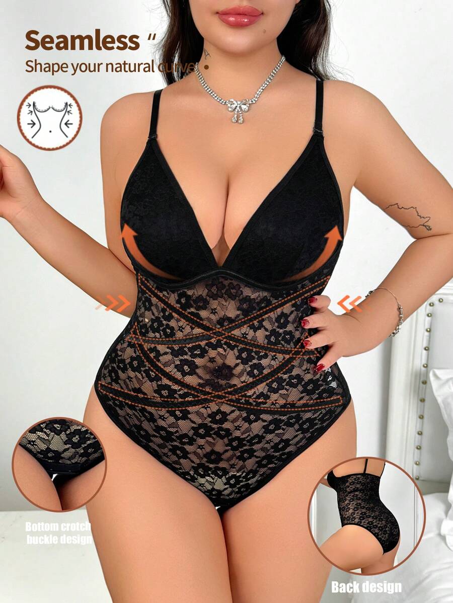 1pc Women Contrast Lace Bodysuit - Black - View 1
