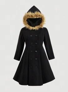 Flirla Plus Size Women's Fall & Winter Fluffy Collar Hooded Double-Breasted Knitted Coat