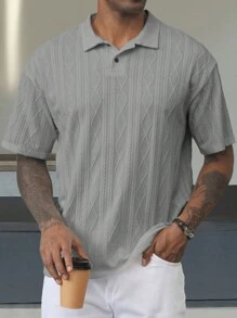 Manfinity Homme Men's Casual Vacation Style, Featuring An INS-Inspired Geometric Diamond-Textured Jacquard Knit Short-Sleeve Khaki Polo Shirt With A V-Neck Design. Perfect For Music Festivals, Hawaii Beach Getaways, And Everyday Outfits, Making It A Stylish Gift For Your Boyfriend Or Husband. It Embodies A French-Inspired Elegance And Romance. Men's Knitted Textured Jacquard Polo Shirt, Minimalist & Fashionable, Suitable For Summer , Polo Shirt For Men , Polos For Men