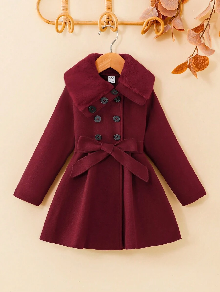 Elladie kids Young Girl Apricot Long Sleeve Double-Breasted Spliced Detail Belted Mid-Length Overcoat, Suitable For Ladylike Style In Autumn And Winter