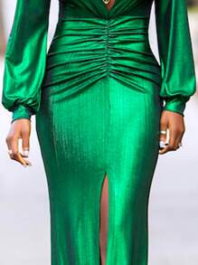 Women's Long Sleeve Deep V-Neck Ruched Slit Cocktail Dress, Suitable For Party Wear, Elegant Wedding Spring - 綠色 - 查看 5