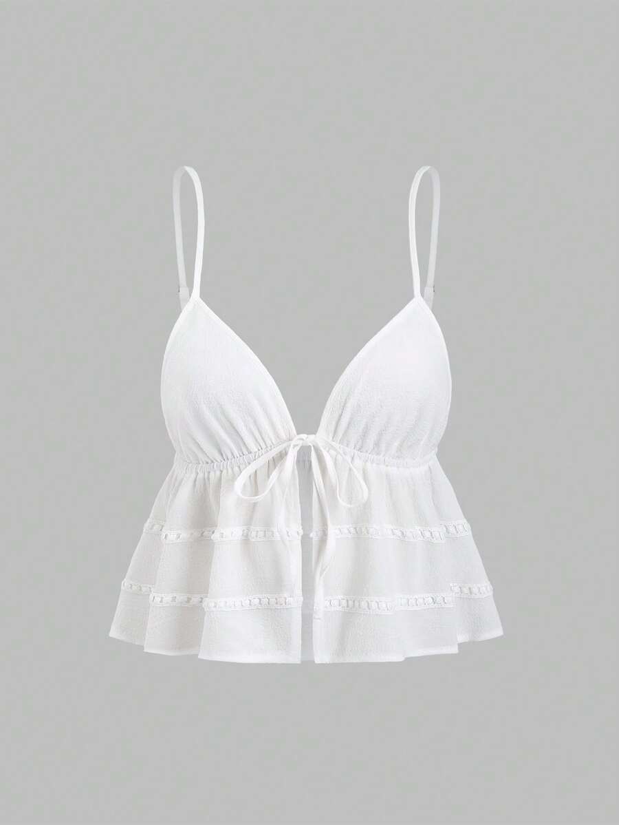 Sweetra Áo yếm Babydoll phối ren họa tiết tương phản cho nữ buộc phía trước - trắng - Xem 1