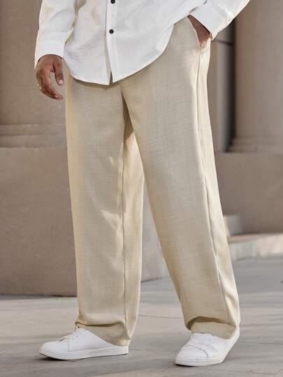 Manfinity Homme Pantalones rectos casuales de talla grande para hombres, pantalones largos holgados de color crema liso, para regalos de esposo o novio, para el otoño