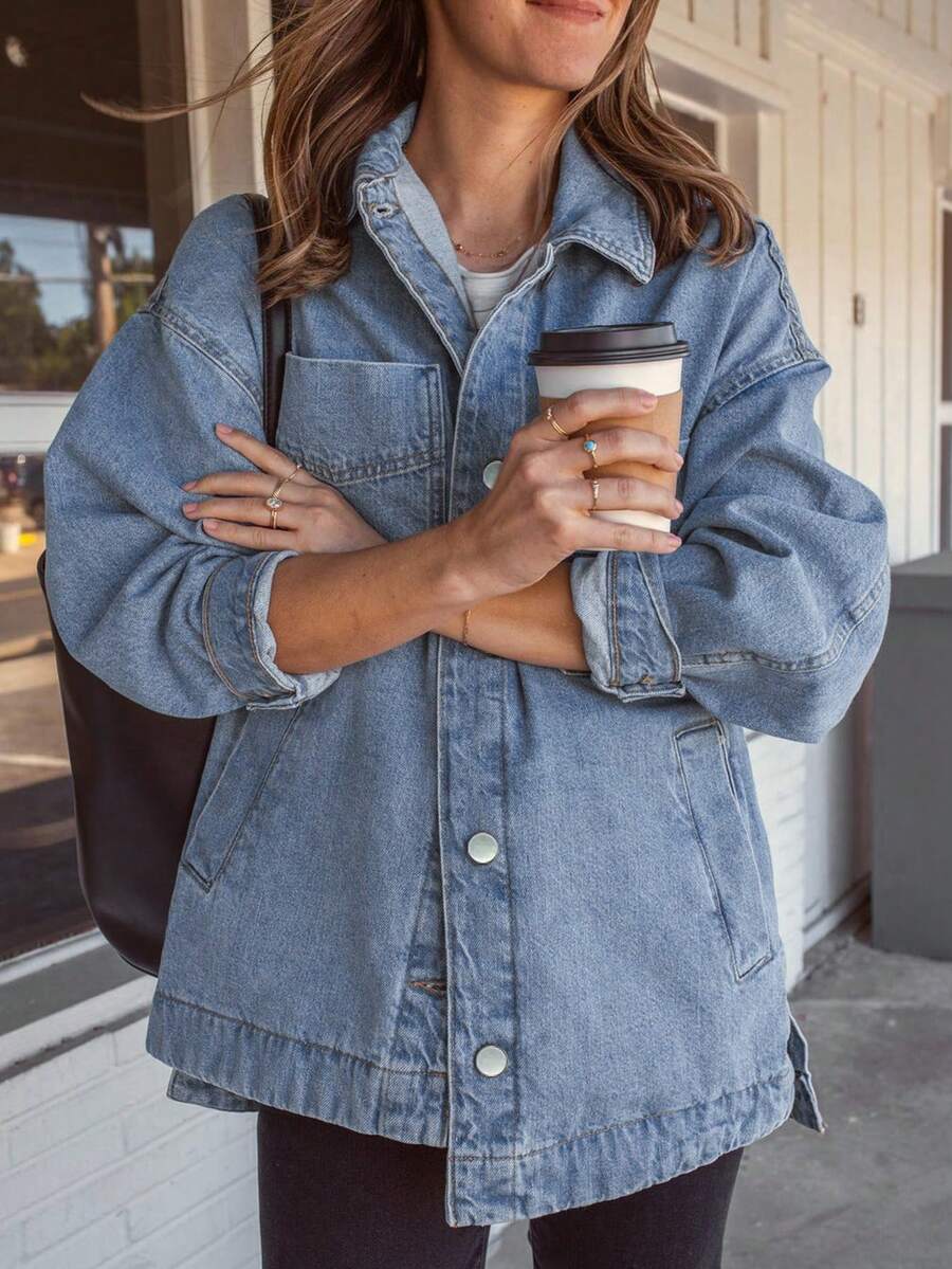 Women's Loose Mid-Length Denim Jacket Casual Spring - Light Wash - View 1