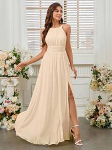 SHEIN Belle 露背高开叉腰伴娘礼服（成人）、婚礼礼服、优雅礼服 - 杏色 - 查看 7