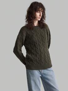 Ontre Jersey de cuello redondo de punto trenzado de color verde oliva para mujer, uniforme escolar de otoño/invierno - Verde Oliva - Ver 7