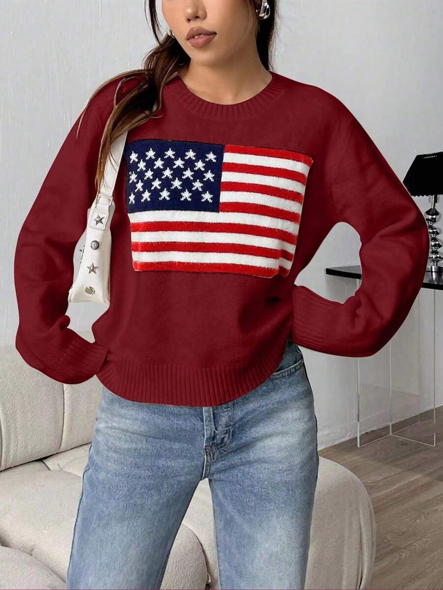 Flirla Women's Casual USA Flag Pattern Knitted Sweater, Fall/Winter - Burgundy - View 1