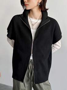 FRIFUL Women's Solid Color Short Sleeve Loose Casual Zip-Up Sweater Vest, Fall/Winter