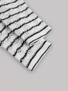 SHEIN MOD Black & White Striped Form-Fitting Round Neck Ladies Knitted Cardigan Sweater, Women's Cable Knit Long Sleeve Shrug White Knitted Sweater,Fall Clothes,
Pocket Lace,Back To School Clothes - Black and White - View 4