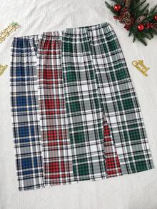 3 pièces Ensemble Pantalon de pyjama à motif à carreaux avec décoration de nœud papillon à la taille - Multicolore - Voir 2