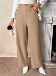 SHEIN LUNE Calças femininas outono/inverno perna reta bambu texturizado com bolsos - Caqui - Ver 3