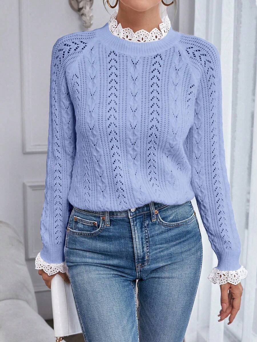 Chiquease 女士秋冬宽松长袖镂空针织套头衫 - 淺藍色 - 查看 1
