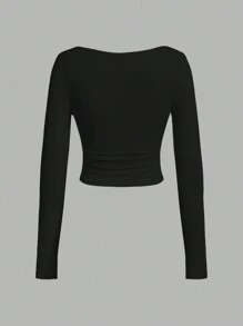 SHEIN EZwear 2pcs Women's Solid Color Crew Neck Ruched Waist Long Sleeve Fitted T-Shirt