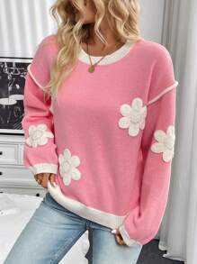 Chiquease 撞色3D立体花卉装饰圆领长袖休闲针织衫，秋冬针织套头衫 - 粉色 - 查看 6