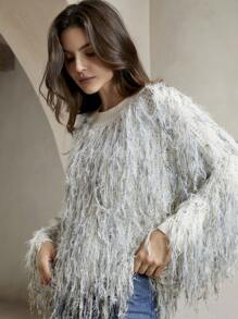 Anewsta Faux Feather Knit Sweater, Casual Everyday Wear, Knit Pullover Fall Winter - Green - View 6