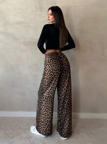 SHEIN Tall Pantalones casuales de pierna ancha recta y holgada con estampado de leopardo para la calle - Multicolor - Ver 3