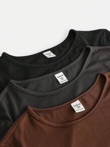 SHEIN Girlism Juego de 3 piezas de camisetas de manga larga casuales de unicolor con cuello redondo fruncido para adolescentes