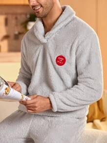 2 piezas Conjunto de ropa de estar en casa con top de manga larga en unicolor y pantalones minimalista para hombre