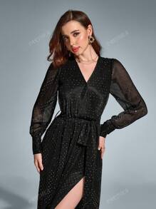 PARTHEA V-Neck Side Split Tie Ruched Round Dot Long Dress