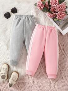 2 件套休闲运动女婴保暖内衬刺绣运动裤套装，冬季 - 彩色 - 查看 2