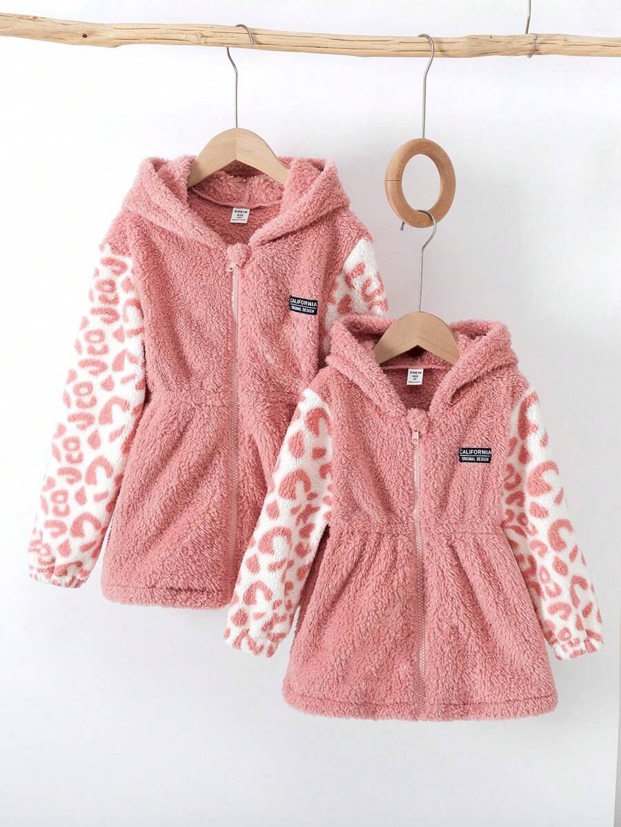 女童豹纹落肩外套，松紧腰带，粉色，适合冬季日常休闲穿着（同款，两件分开出售） - 粉色 - 查看 1