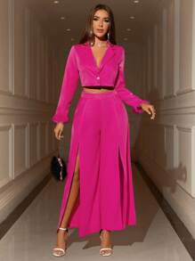 Zolique Traje de chaqueta y pantalón con abertura en el bajo, de unicolor, con solapa muescada y manga larga para mujer, para primavera y otoño - Rosa Fucsia - Ver 1