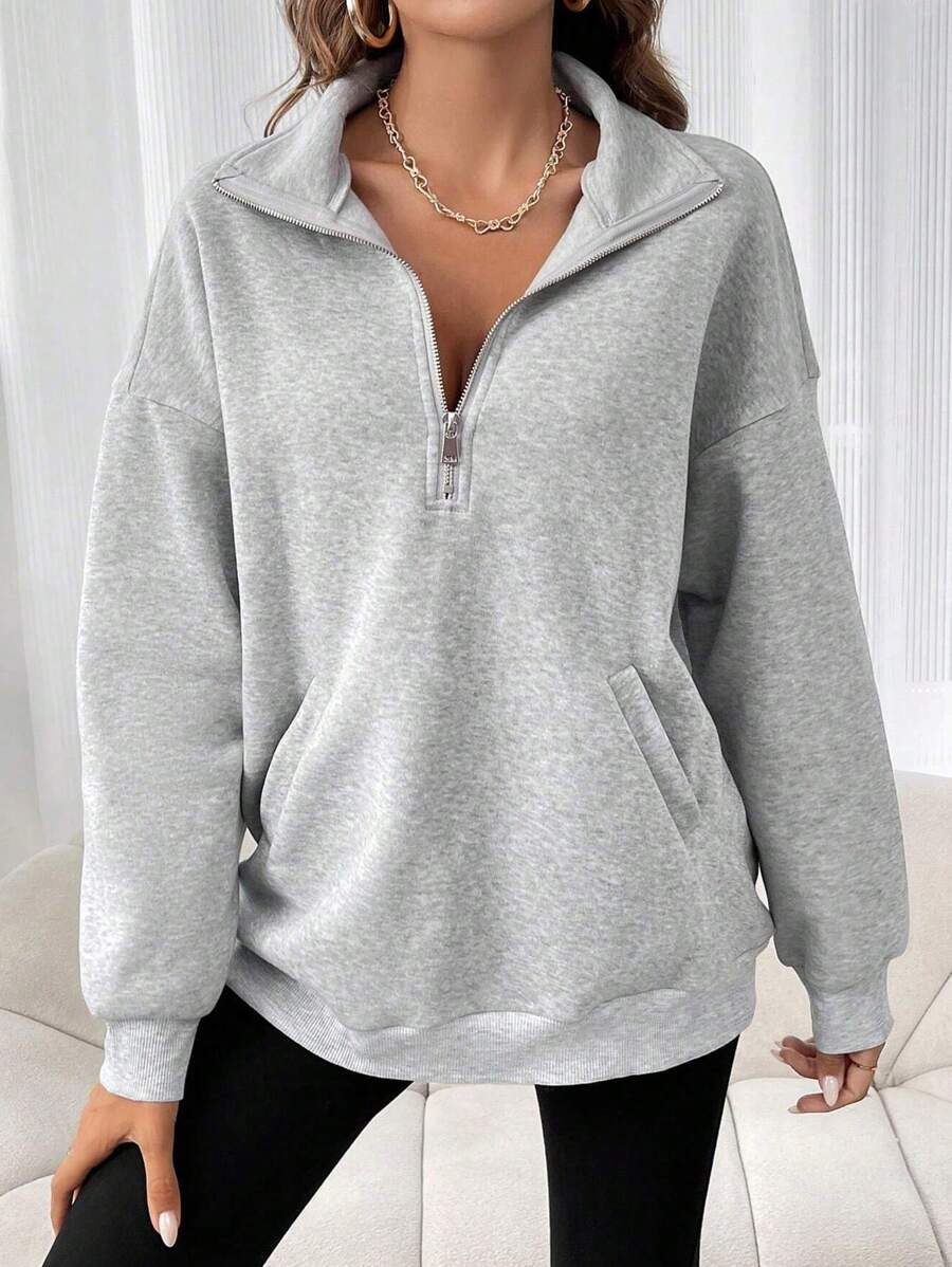 INAWLY Plus Size Solid Color Front Zip Long Sleeve Pocket Casual Sweatshirt , Graduation, Teachers For Women, Back To School Pullover Fall Winter Autumn - Light Grey - View 1