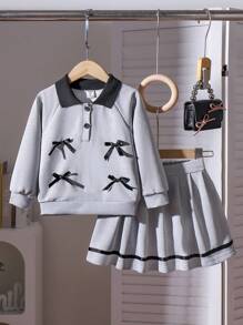 2pcs/Set Young Girl Collared Long Sleeve Bow Cuff Sweatshirt And Skirt Outfit, Black & Gray, High-End Sleeve Top, Children Autumn Clothing Set