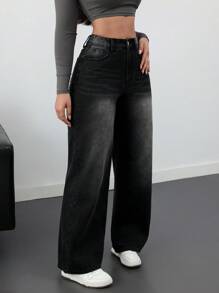 SHEIN Tall 女牛仔裤黑色牛仔裤休闲宽松直筒长裤外出下装女牛仔裤牛仔裤子秋季裤子 - 黑色 - 查看 6