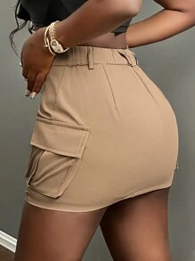 Slaydiva Váy ngắn kaki màu trơn có túi hộp, phong cách thường ngày/thời trang đường phố dành cho nữ. - Màu Khaki - Xem 2