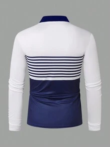 Manfinity Homme Men's Plus Size Colorblock Striped Print Long Sleeve Polo Shirt - Multicolor - View 2