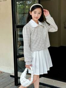 SHEIN 女孩的彼得潘领优雅甜美格子泡泡袖衬衫 - 杏色 - 查看 4