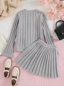 2pcs Tween Girl Fashion V-Neck Knitted Cardigan And Pleated Skirt Suit
