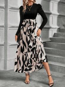 Breezaya 女士秋季蝴蝶结 A 字形树叶拼接连衣裙长款女装 - 彩色 - 查看 6