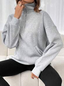 INAWLY Plus Size Solid Color Front Zip Long Sleeve Pocket Casual Sweatshirt , Graduation, Teachers For Women, Back To School Pullover Fall Winter Autumn - Light Grey - View 3