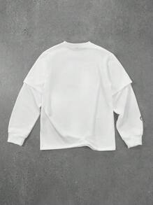 PAVTROS Manfinity Streetrush Men's Casual Loose Fit Letter & Figure Graphic Print Crewneck Long Sleeve Sweatshirt, Spring & Fall White Oversized Digital Print Round Neck Casual Sweatshirt With 2 In 1 Design, For Friends, Husband, Boyfriend Gifts, Religious Graphic Tee, White Graphic Long Sleeve Shirt - White - View 2