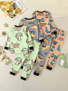 3件套男童时尚恐龙印花舒适长袖上衣和裤子睡衣套装 - 彩色 - 查看 2