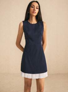 Poéselle Women's Navy Striped Contrast Hem Dress Work Dress