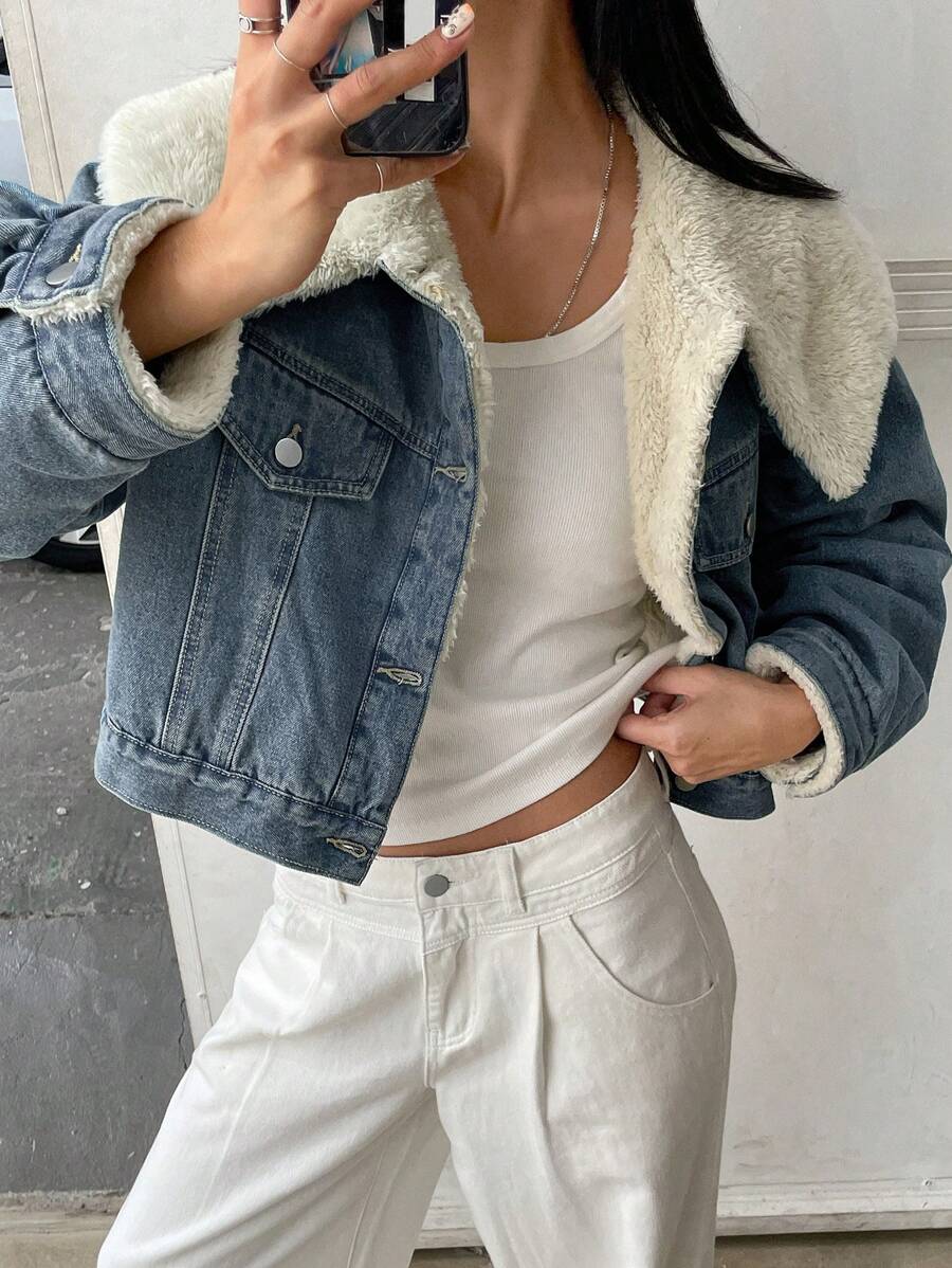 DAZY Women's Front Button Long Sleeve Pocket Simple Casual Denim Jacket - Blue - View 1