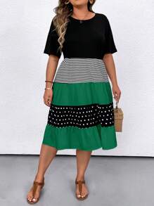SHEIN LUNE Plus Size Women's Summer Round Neck Short Sleeve Polka Dot & Striped Loose Casual Dress Women Outfit