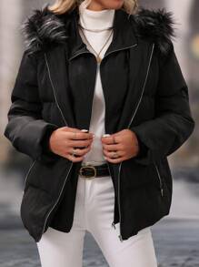 SHEIN Clasi معطف دافئ مقاوم للماء والرياح ذو تصميم كونتراست مع طرف من فرو مموج ، لارتداء اليومي والتنقل، ملابس الخريف والشتاء للنساء - الأسود - مشاهدة 6