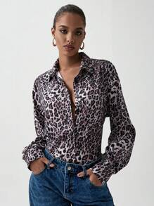 Chiquease Turndown Collar Drop Shoulder Leopard Print, Open Front Loose Casual Fashion Blouse For Women, Animal Print Shirt Fall Cloth For Women