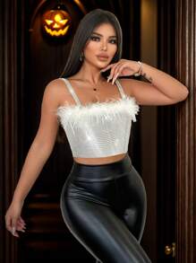 Zolique 女士夏季时尚毛皮拼接水钻露背短款吊带背心 - 銀色 - 查看 6