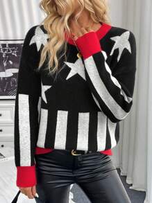 Chiquease Áo len dài tay kiểu dáng thường ngày, họa tiết ngôi sao năm cánh phối màu, thích hợp mặc mùa thu đông. - màu đen - Xem 7