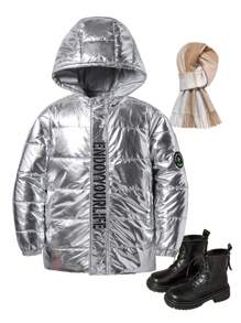 1 件 Tween 男童休闲字母印花金属色连帽棉衣，适合冬季