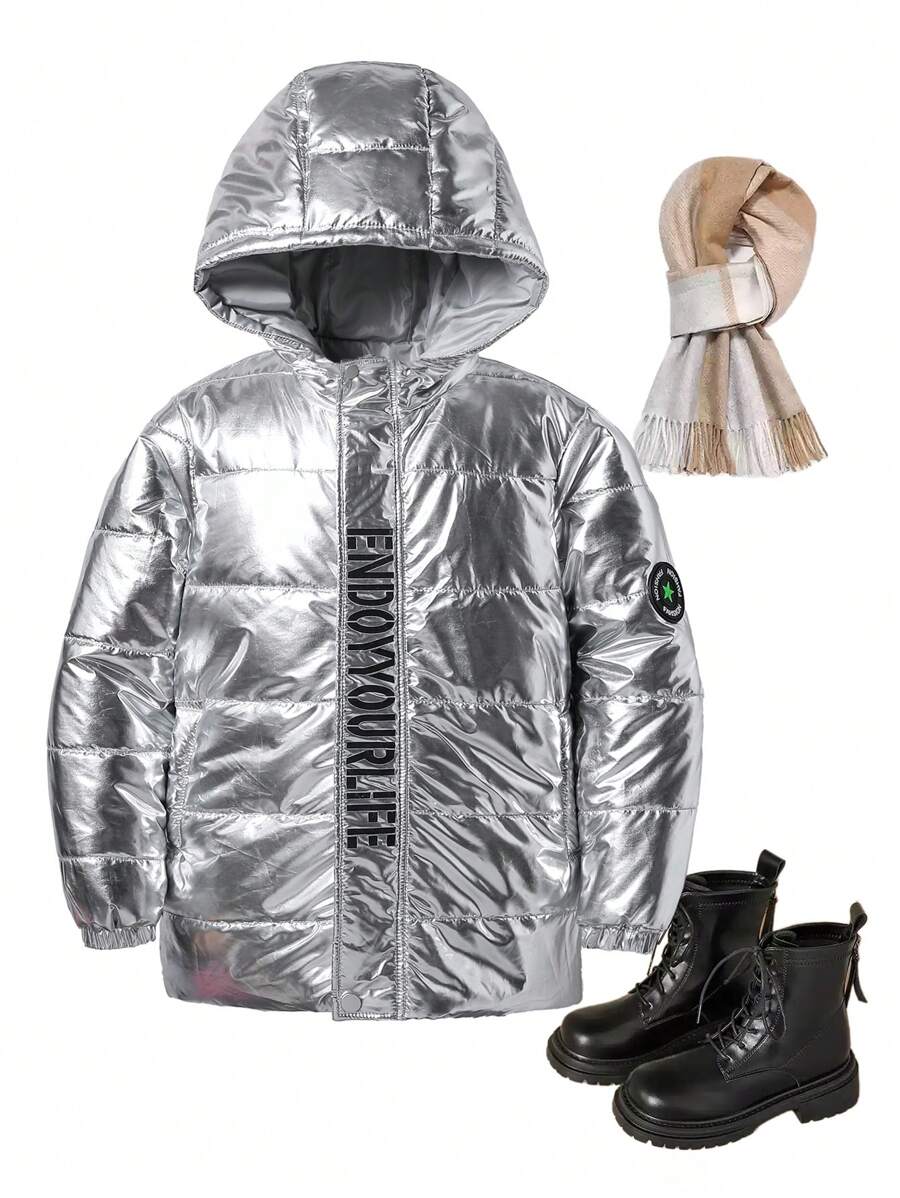 1 件 Tween 男童休闲字母印花金属色连帽棉衣，适合冬季