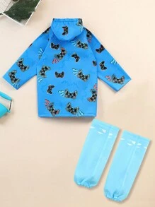 Boys' Cute Monster Print Waterproof Raincoat With Shoe Covers,Outdoor Hiking School Rain Jacket Set