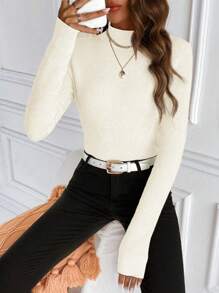 Franclia 休闲纯色保暖立领毛衣，秋冬季针织套头衫 - 杏色 - 查看 3
